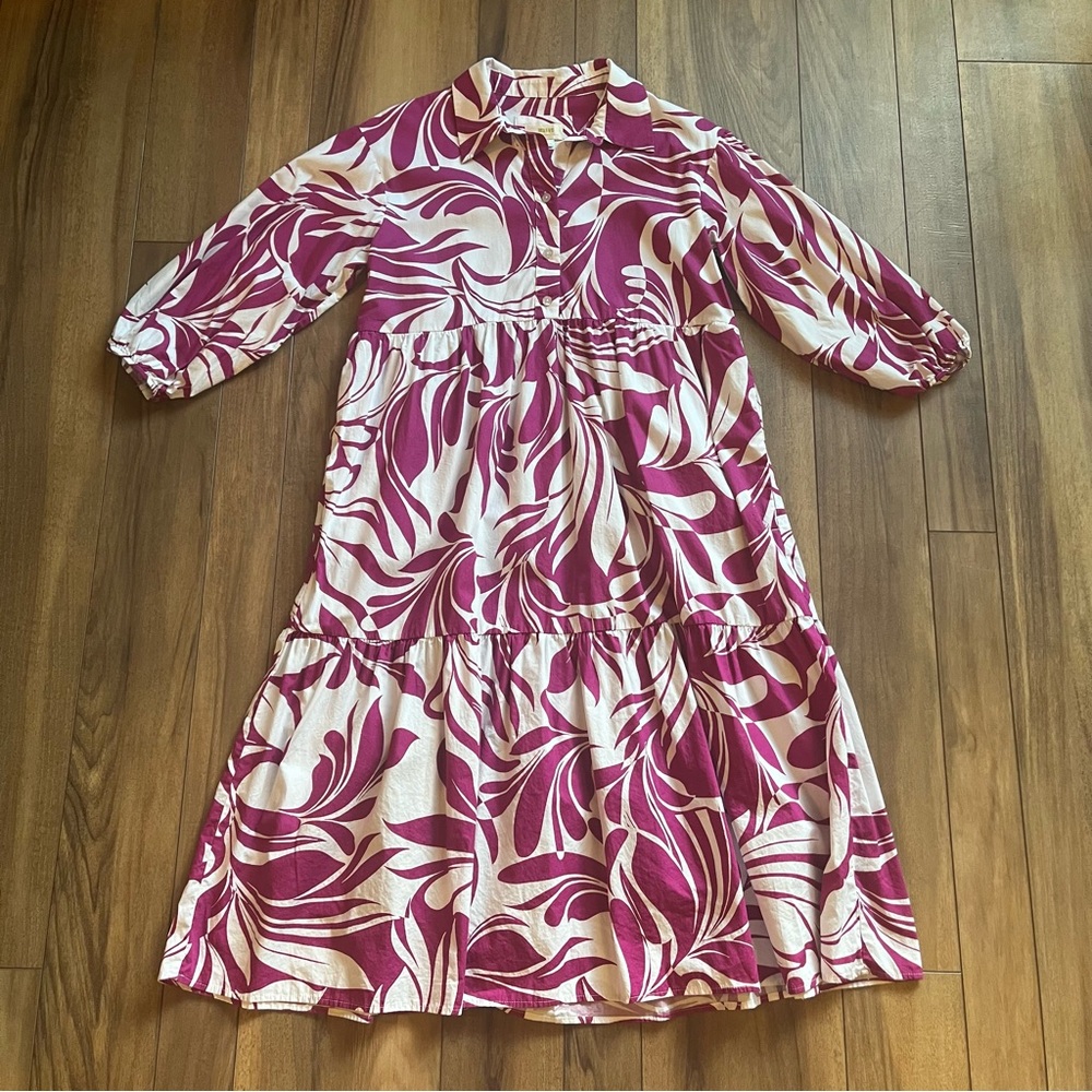 Anthropologie Maeve Bettina Tiered Shirt Dress Magenta and White Floral Small P
